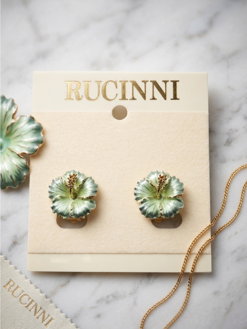 Rucinni Green Hibiscus Flower Clip-On Earrings Gold Tone New Vintage